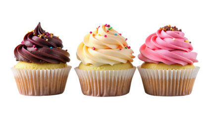Cupcakes with frosting, chocolate, vanilla and strawberry, and sprinkles, on transparent background