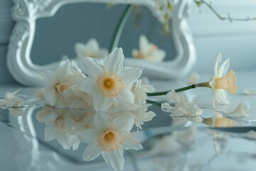Narcissus flower reflecting in the mirror with petals fallen off. Beauty, youth time passing minimal concept.