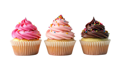 Cupcakes with frosting, chocolate, and strawberry, and sprinkles, on transparent background