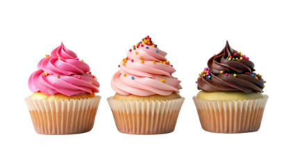 Cupcakes with frosting, chocolate, and strawberry, and sprinkles, on transparent background