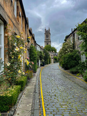 Quiet cobbled lane flanked by stone houses adorned with vibrant flowering shrubs