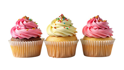 Cupcakes with frosting, vanilla and strawberry, and sprinkles, on transparent background
