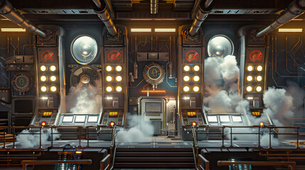 Obraz premium Space Odyssey Launch Pad Stage: Rockets stand ready for launch on this futuristic stage, with control panels, countdown clocks, and billowing smoke