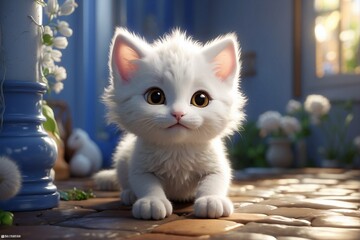 White cute kitten: Joy of home.