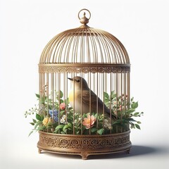 bird on birdcage with flowers
