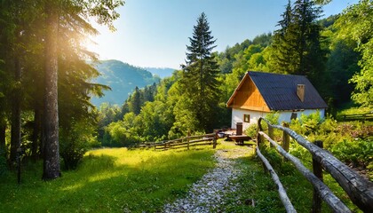 A cottage wooden house in forest, nature, trees