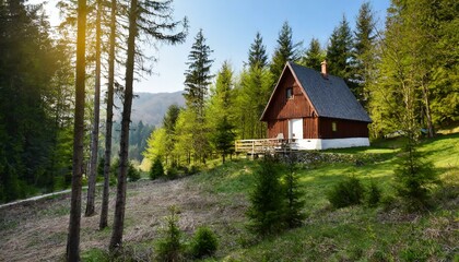 A cottage wooden house in forest, nature, trees
