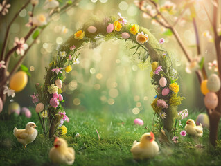 Easter forest with chicken. Ai generated