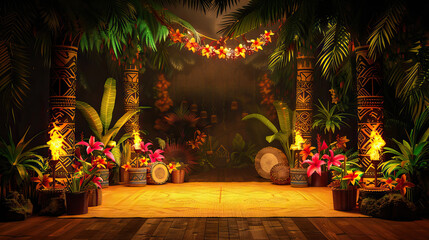 Polynesian Luau Stage: South Pacific with this vibrant stage, featuring palm fronds, tiki torches, and rhythmic drumbeats, evoking the festive ambiance of a Polynesian luau