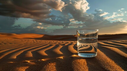 Szklanka wody stoi na piasku na plaży, rzucając cień na wydmy. Całość jest widoczna w świetle słońca.