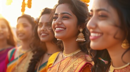 Na obrazie widać grupę kobiet stojących obok siebie. Kobiety ubrane są w sarisy i uśmiechają się. - obrazy, fototapety, plakaty
