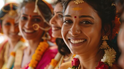 W kadrze widoczna jest grupa kobiet ubranych w tradycyjne indyjskie stroje, sari. Uśmiechają się i okazują radość oraz dumę z tradycji, które reprezentują. - obrazy, fototapety, plakaty
