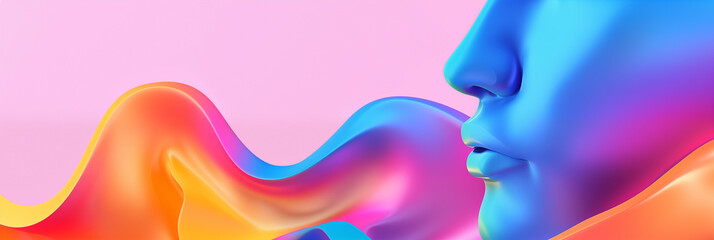 Stylized rendition of a face against a multicolored gradient background. Partial view of a face, highlighting luscious lips and a sleek nose, all rendered in bold