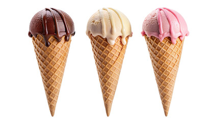 Ice cream in waffle cones with chocolate, vanilla and strawberry, on transparent background