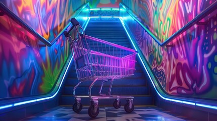 Wózek sklepowy stoi w jasno oświetlonym tunelu ze schodami, otoczony neonowymi światłami. Scena przedstawia codzienną aktywność zakupową w nietypowej przestrzeni. - obrazy, fototapety, plakaty
