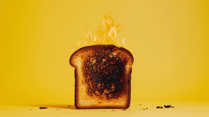 Na kawałku tosta widoczne są płomienie, które wydobywają się z jednej strony chleba. Całość znajduje się na tle żółtego tła.