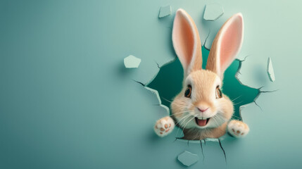 A playful rendition of a cute rabbit peeking out from a freshly torn hole in a teal-colored background, evoking surprise and curiosity - obrazy, fototapety, plakaty