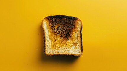 Na zdjęciu widać kawałek chleba, który leży na żółtej powierzchni. Chleb wygląda na przypalony z jednej strony. - obrazy, fototapety, plakaty