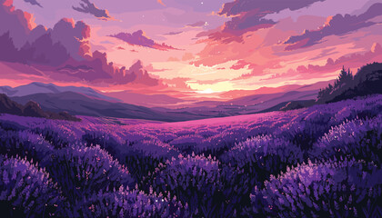 Lavender Fields in Pastel, lavender illustration, pastel colors, field of flowers design vector illustration background - obrazy, fototapety, plakaty