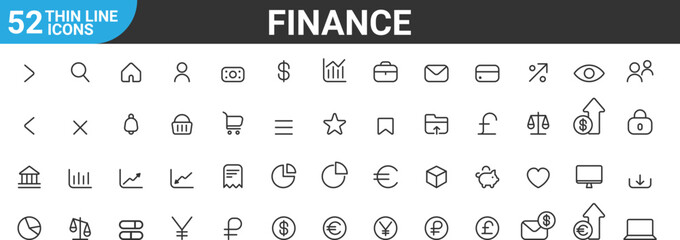 Business icons set on transparent background. Interface icon set. Thin line icons for business, marketing, payments elements symbols. Currency, money, bank, cryptocurrency, check, wallet, balance