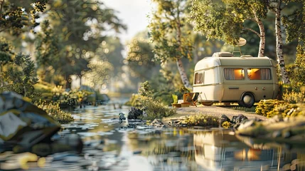 Poster Im Rahmen caravan camping, as depicted in a lifelike photograph featuring a caravan nestled in a picturesque camping site, inviting relaxation and exploration. © lililia
