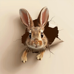 An adorable rabbit glances out from a brown paper-like breakage, invoking themes of unexpected joy and curiosity