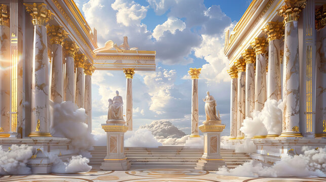 Greek Mythology Olympus Stage: Marble columns and statues of gods and goddesses decorate this grand stage, with clouds swirling overhead and golden thrones