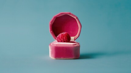 Malina umieszczona w różowym aksamitnym pudełku na jasnoniebieskim tle, ujęcie z bliska, detale owocu i pudełka wyróżniają się na tle kolorowej tkaniny.