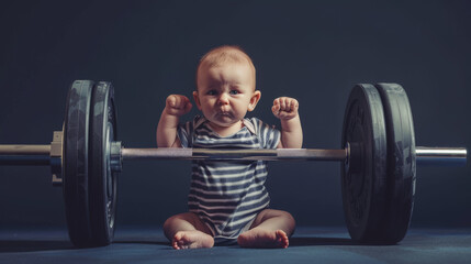 An engaging photo of a baby in striped clothes attempting to lift a barbell, looking serious and strong - obrazy, fototapety, plakaty