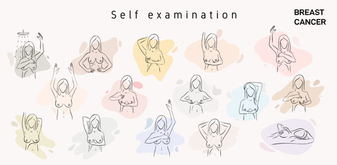 Prevention of breast cancer. Self-examination set. Healthcare template. Breast cancer, medical infographic. Prevention of breast cancer. Self-examination. Vector healthcare poster or banner template.