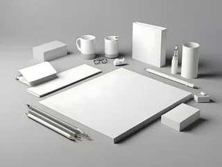 Fotobehang White stationery mock-up template for branding identity on a grey background for graphic designers' presentations and portfolios. 3D rendering © Mahmud