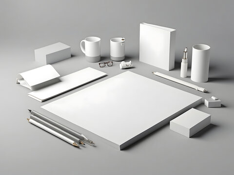 White stationery mock-up template for branding identity on a grey background for graphic designers' presentations and portfolios. 3D rendering