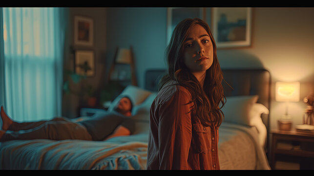 A Somber Night: A woman stands somberly in a dimly lit bedroom, while a man rests in the background. The scene suggests introspection and emotional depth.