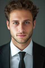 A man in a suit and tie with a black tie. He has a nice smile and is looking directly at the camera