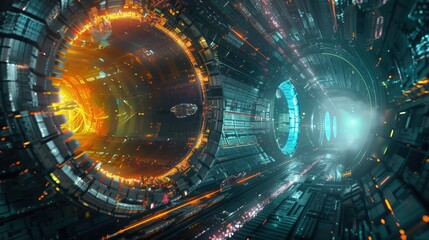 Futurystyczny ogromny tunel kosmiczny wypełniony jasnymi światłami, w którym lata statek.