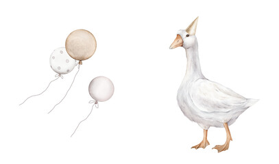 Watercolor goose and balloon for birthday pastel golden and beige color. Hand drawing illustration on isolated background. For design holidays pastel colors. © Ekatmart
