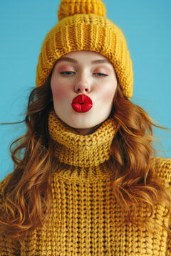 A woman with red hair and a yellow hat is kissing her lips. She is wearing a sweater and a hat