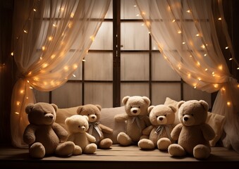 teddy bears in the window romantic backdrop - obrazy, fototapety, plakaty