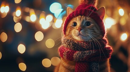 Kot, ubrany w czerwony kapelusz i szalik, stojący na standardowej skali, prezentuje się festynie i uroczo. - obrazy, fototapety, plakaty
