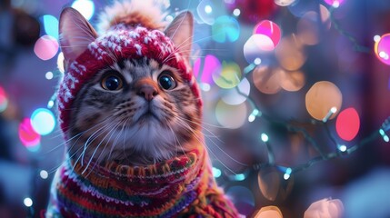 Na obrazie przedstawiono uroczego kota, który nosi czapkę i szalik robione na drutach. Kot wygląda schludnie i przytulnie w swoim ciepłym stroju. - obrazy, fototapety, plakaty