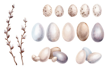 Set of chickens eggs and willow branches. Symbols of Easter celebration. Watercolor hand drawn painting illustration isolated on a white background. Painted eggs minimalistic light pastel colors.