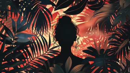 W ciemnościach widać wyraźnie sylwetkę kobiety, która jest otoczona bujną roślinnością tropikalną, tworząc kontrast na tle liści.