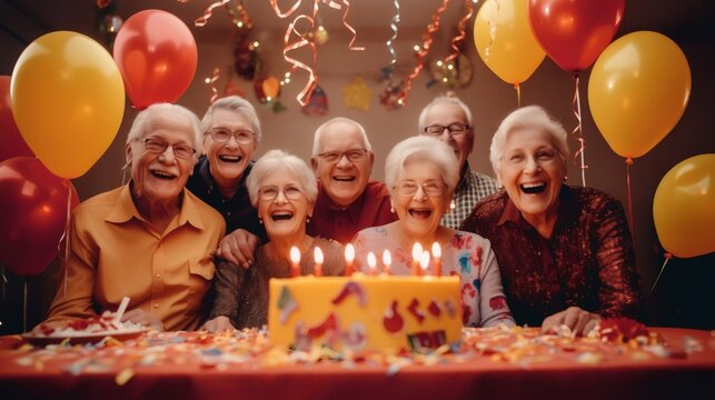 Senior woman, friends and birthday party and cake to blow candles, wish and celebration in nursing home. Elderly group, people and together for happy, event and laugh with diversity in retirement
