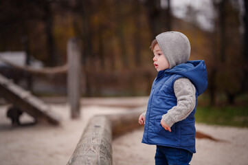 A little boy in a cozy vest and knit hat experiences the joys of a playground, his expression...