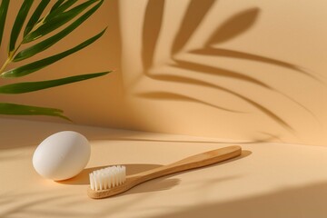 Organic wooden bamboo toothbrush and white egg composition on terracotta and beige background. Natural beauty and health concept. Eco-friendly zero waste design with copy space.