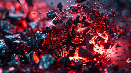 An explosive visual of a Bitcoin in a shattered form symbolizing market volatility and digital currency concepts