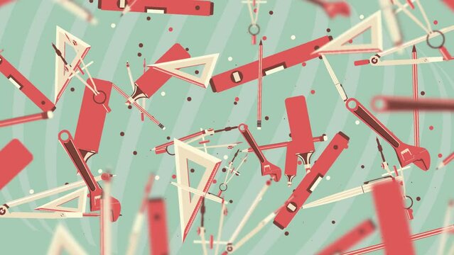 Abstract pattern of measuring instruments pencils and pens on a green background