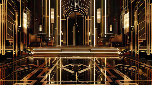 Art Deco Speakeasy Stage: Roaring Twenties with this glamorous stage, adorned with geometric patterns, mirrored surfaces, and sleek chrome accents, capturing the spirit of a prohibition-era speakeasy