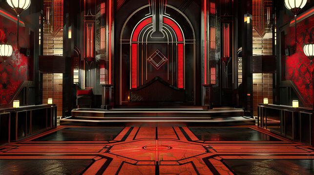Art Deco Speakeasy Stage: Roaring Twenties with this glamorous stage, adorned with geometric patterns, mirrored surfaces, and sleek chrome accents, capturing the spirit of a prohibition-era speakeasy