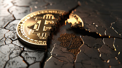 An impactful image depicting a Bitcoin coin on a cracked surface, symbolizing durability and resilience